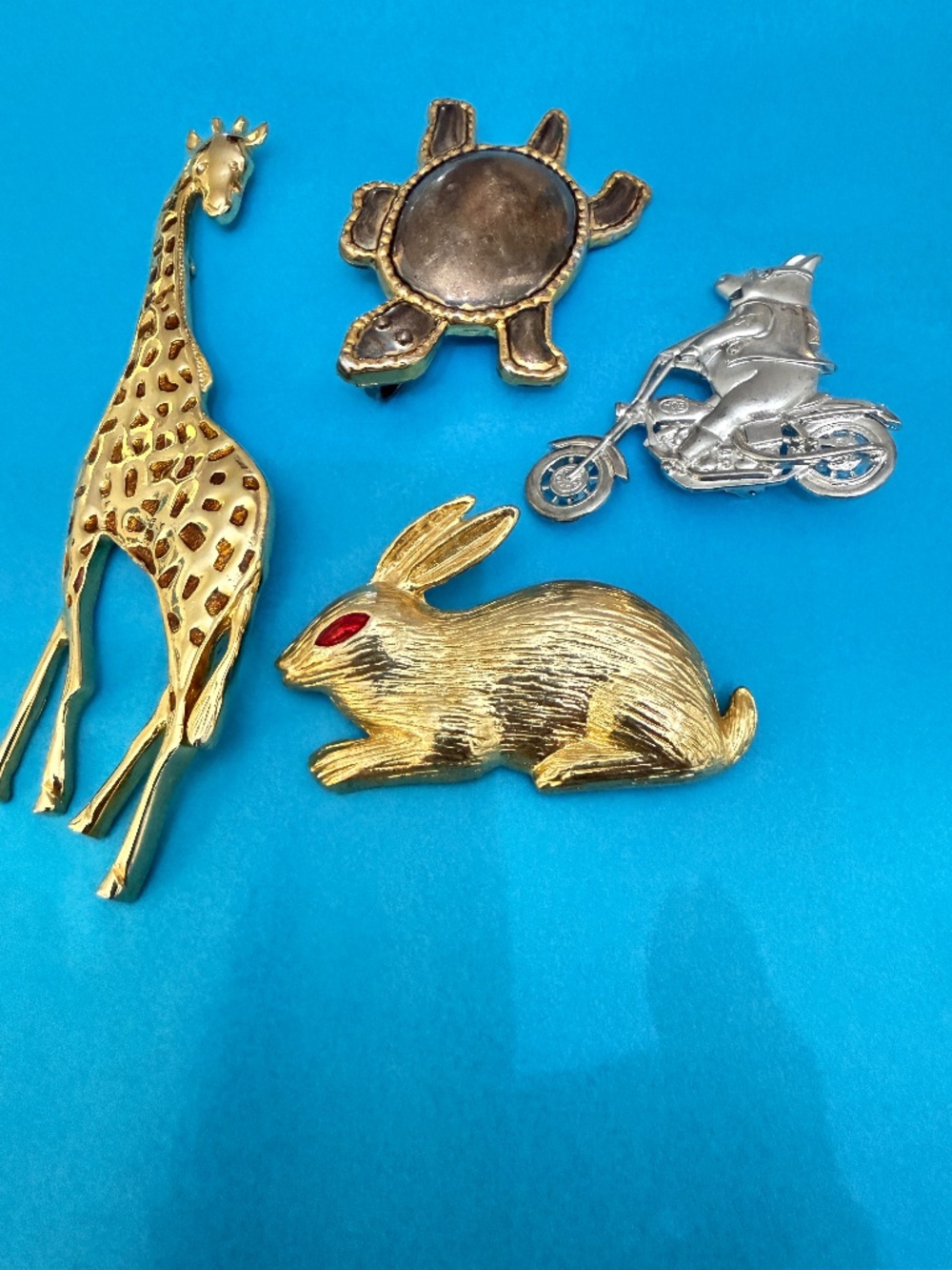 4 Animal Brooches Hog on a Harley Giraffe Turtle Bunny